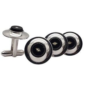Black Onyx Crystal Cufflinks Silver Tone Shields 5th Avenue Suit Accessory Set 2